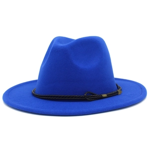 Detail of blue wool felt jazz hat featuring black woven band and gold metal buckle
