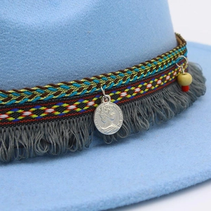 Light blue wool felt fedora with ethnic woven band, tassels and silver coins decoration