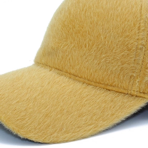 Cozy yellow faux mink fur baseball cap for women featuring soft fuzzy plush texture