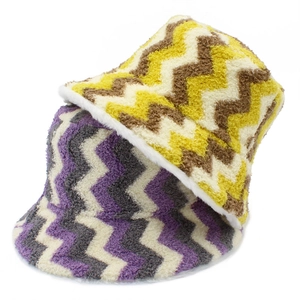 Women Reversible Plush Bucket Hat Zigzag Pattern Thick Warm Windproof Faux Fur Fisherman Cap Outdoor Winter Fashion Accessory