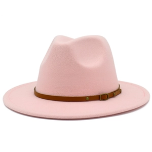 Detail of pink wool fedora hat featuring a brown leather belt with gold buckle and metal studs
