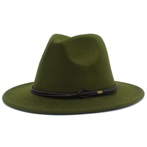 Detail of dark green wool fedora hat with brown braided leather band and metal buckle