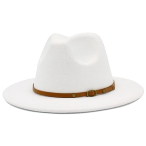 Classic white wool felt fedora hat with a brown leather strap and metal buckle detail