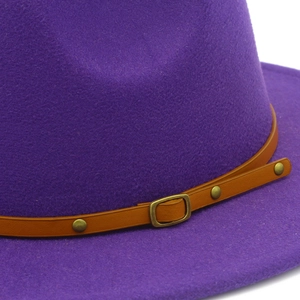 Vibrant purple wool fedora hat with a brown faux leather belt and metal studs detail