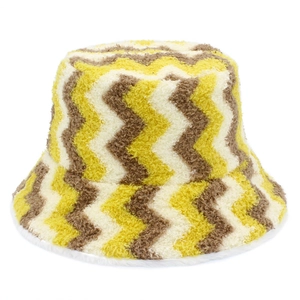 Women's warm plush bucket hat with yellow and brown wave patterns for autumn and winter