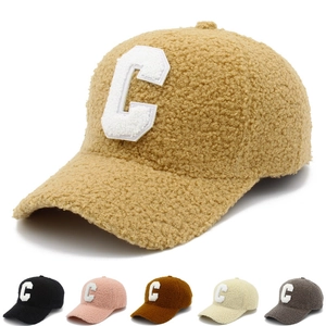 Women Men Lamb Wool Fuzzy Baseball Cap Letter C Patch Embroidery Warm Winter Teddy Fleece Adjustable Fashion Streetwear Hat