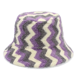 Winter striped plush bucket hat for women with purple and grey wavy patterns