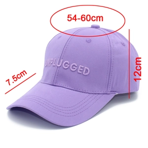 Detail view of purple cotton baseball cap with UNPLUGGED embroidery and size dimensions