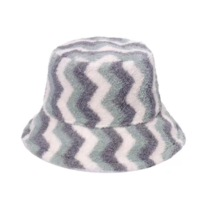 Women's warm plush bucket hat with stylish zigzag stripes for autumn and winter