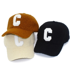 Winter faux shearling baseball caps with letter C embroidery in brown, cream, and black