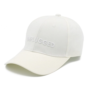 Detail of UNPLUGGED 3D embroidery on cotton baseball cap with fine needlework