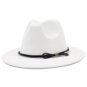 White wide brim wool fedora hat with black braided leather band and metal accents