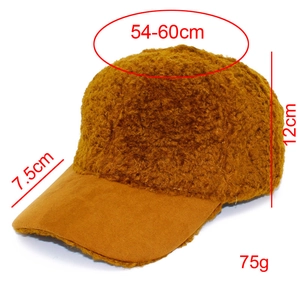 Detail showing dimensions of ginger fuzzy baseball cap with 7.5cm brim and adjustable strap