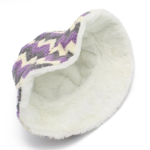 Winter plush reversible bucket hat with purple wave pattern and thick warm white lining