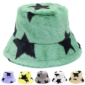 Winter Women Faux Rabbit Fur Bucket Hat Star Print Warm Plush Pentagram Outdoor Trendy Fashion Soft Basin Hat Accessory