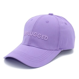 Detailed close-up of light purple baseball cap with 3D UNPLUGGED letter embroidery
