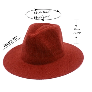 Detailed size specifications for a burgundy chenille knit fedora with brim measurements