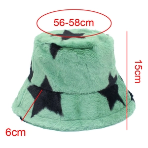 Detailed dimensions of the green faux fur bucket hat with black star patterns