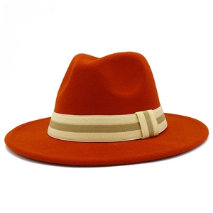 Classic bright orange wide brim wool felt fedora hat with a striped ribbon band accent