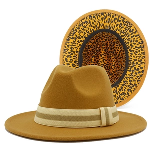 Sombrero Fedora de Moda con Interior de Estampado de Leopardo para Hombre Mujer Sombrero Jazz de Fieltro de Lana con Banda de Rayas