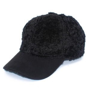 Winter plush baseball cap in black with fuzzy teddy fleece and adjustable buckle strap