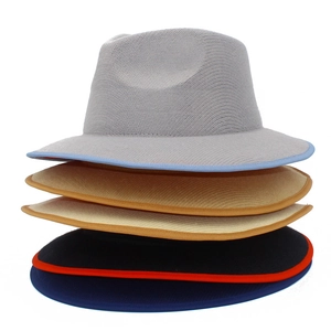 Vertical stack of high-quality wool blend fedora hats in five diverse two-tone color options
