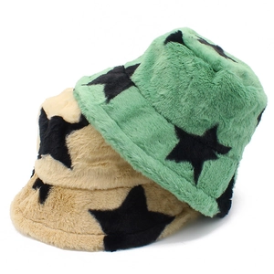 Detailed plush faux rabbit fur bucket hats in mint green and beige with star pattern