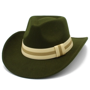 Detail of army green felt fedora hat featuring classic creased crown and striped woven band