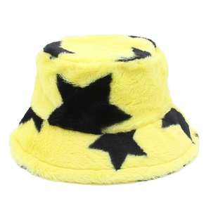 Winter faux rabbit fur bucket hat with yellow plush and black star print pattern