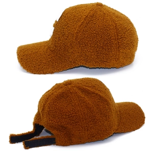 Caramel brown plush sherpa baseball cap with C-letter patch and adjustable back strap