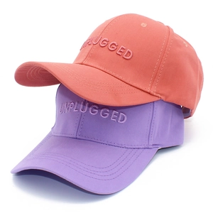 Orange pink and purple cotton baseball caps with 3D UNPLUGGED embroidery detail