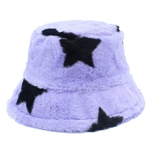 Winter faux rabbit fur bucket hat in light purple featuring black star patterns for warmth