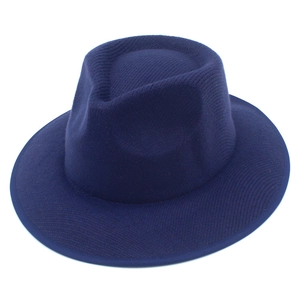 Detailed top view of a navy blue wool felt fedora hat with a classic pinched crown
