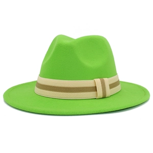 Detailed front view of neon green wool fedora with a striped ribbon on white background