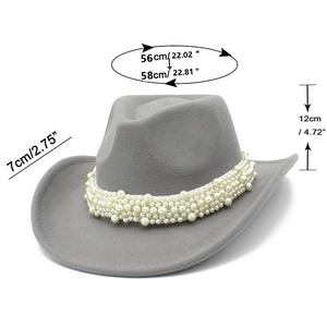 Detail showing grey felt cowboy hat with pearl trim and dimensions 56-58cm head circumference
