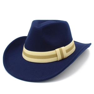 Classic dark blue wool cowboy hat with stylish woven band on a clean white background