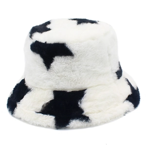 Close-up of black star pattern on fuzzy white faux rabbit fur winter bucket hat for women