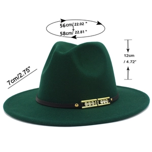 Detail of dark green fedora hat with 7cm wide brim and 56-58cm size specifications