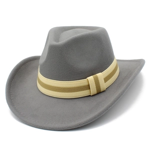 Classic gray wool felt western cowboy hat with wide brim and decorative striped band