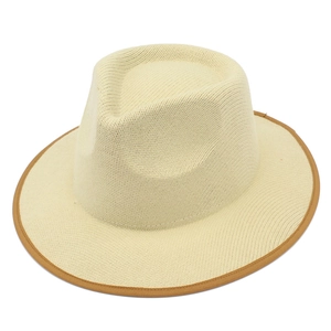 Chic off-white wool fedora hat with brown contrast brim for men and women