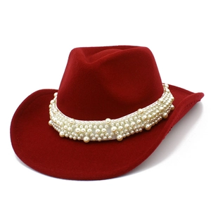 Classic red wool felt western cowboy hat featuring elegant faux pearl beaded hatband