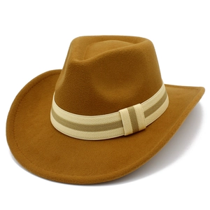 Detail of western wool fedora hat featuring a striped woven band and curved wide brim