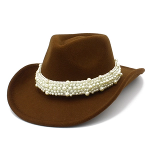 Brown wool-like western cowboy hat featuring a wide white pearl decorative band
