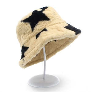 Plush faux rabbit fur bucket hat with black star patterns for winter warmth and fashion