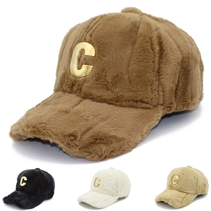 Damen Winter Warm Plüsch Baseballkappe Mit Metallbuchstabe C Dekoration Verdickte Kunstpelz Verstellbare Mode Snapback Hut
