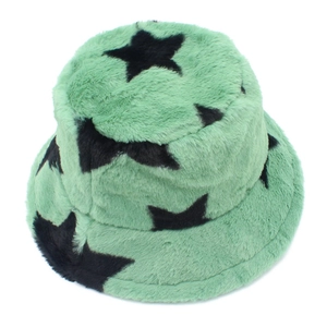 Detail view of mint green faux rabbit fur bucket hat with black star patterns