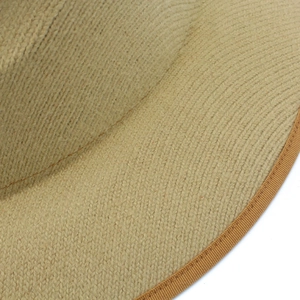 Detail of khaki wool felt fedora showing fine stitching and ribbed grosgrain edge binding