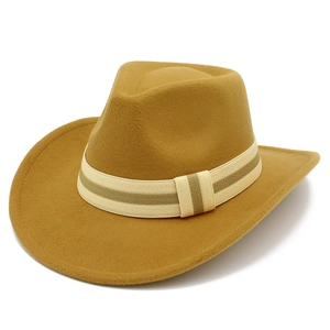 Classic wide brim felt fedora hat in mustard yellow with striped woven band trim