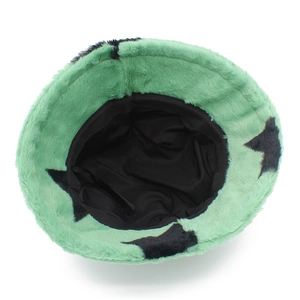Detail of faux rabbit fur bucket hat with star pattern showing interior lining and drawstring