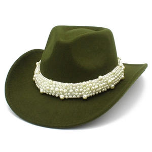 Detail of dark green felt western cowboy hat with multi-layer faux pearl band decoration